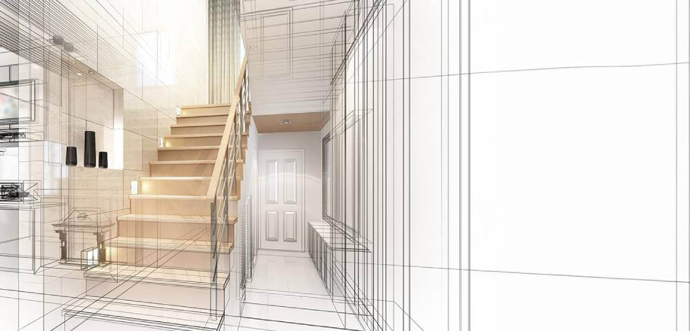 Stairs and hallway in a wireframe style